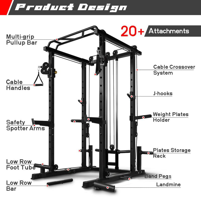 Ritfit Power Cage Home Gym,Multi-Function Squat Rack,Smith Machine,Workout Rack,Cable Crossover Machine,Fitness Gym Set, for Weight Training, for Garage & Home Gym|Ppc03 Home Gym Squat Machine