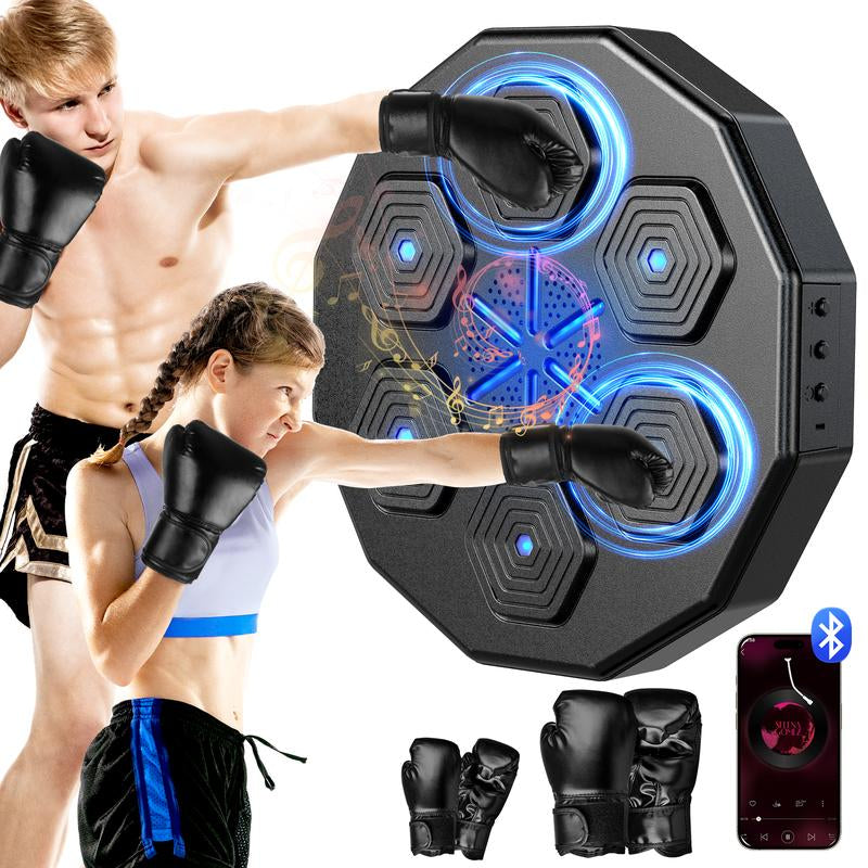 Advanced Bluetooth Wall-Mounted Boxing Trainer with Punch Counter, Adjustable Speed, and Premium Gloves - Ideal for Home and Office Workouts and Stress Relief, Includes LED Light Sword Cosplay Set and Wooden Gymnastic Rings